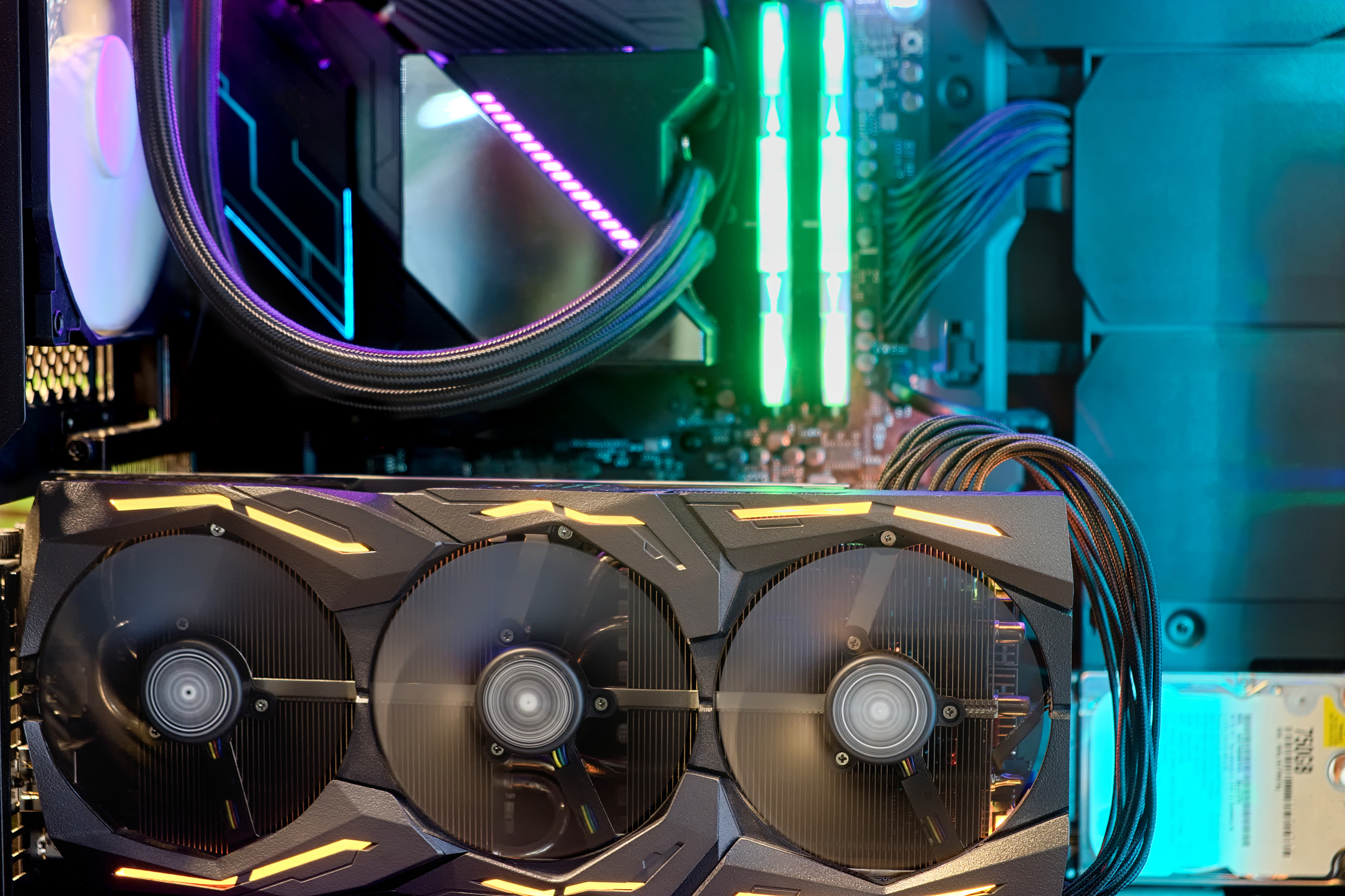 RGB liquid-cooled interior with high-end graphics card and tidy cable routing